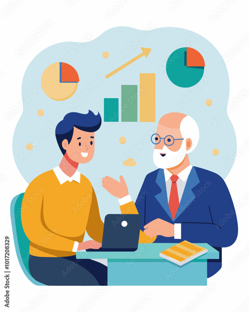 A man nearing retirement meets with his financial advisor to review his retirement plan and make any necessary adjustments to ensure a comfortable and secure future.. Vector illustration A man nearing retirement meets with his financial advisor to review his retirement plan and make any necessary adjustments to ensure a comfortable and secure future.. Vector illustration