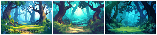 dark forest cartoon background. path in thicket, nature trees stones fog summer mysterious enigmatic landscape vector illustration