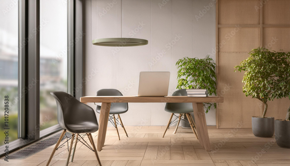 Japandi, minimalist loft interior design of modern office room.