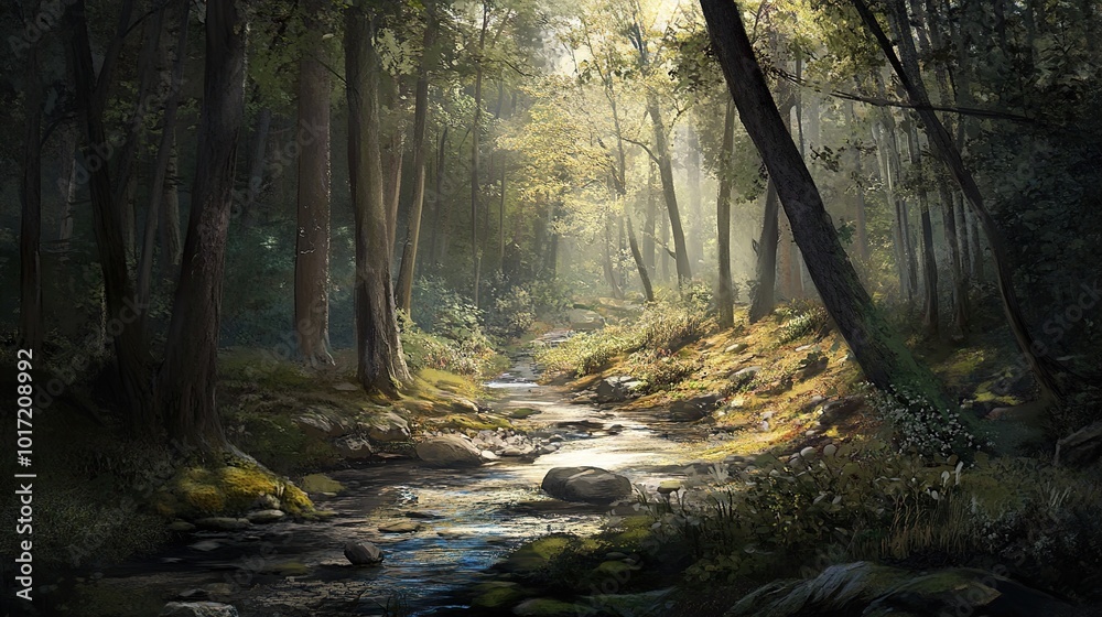 Fototapeta premium Sunlit Forest Stream: Tranquil Woodland Scenery