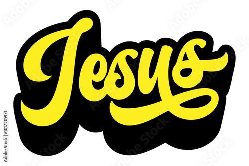 Name Jesus written in retro groovy three-dimensional script lettering