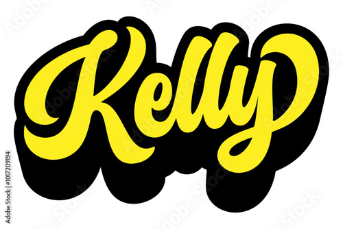 Given name Kelly written in retro groovy three-dimensional script lettering