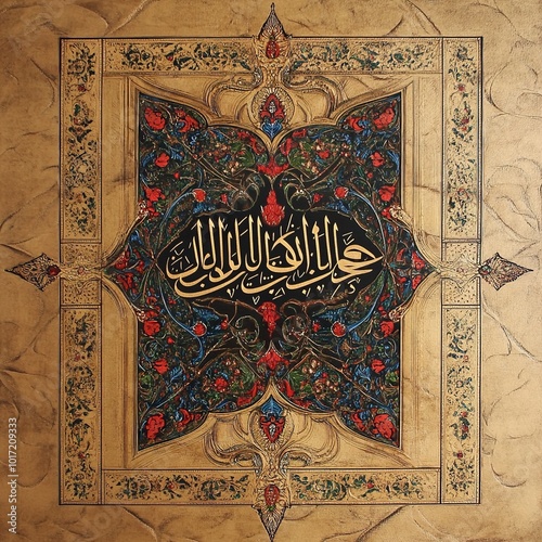 Islamic Calligraphy Art: Floral Design with Gold Leaf photo