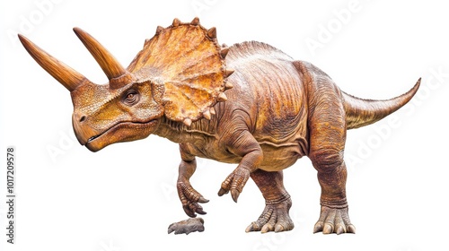 A close-up of a triceratops dinosaur standing on a white background.