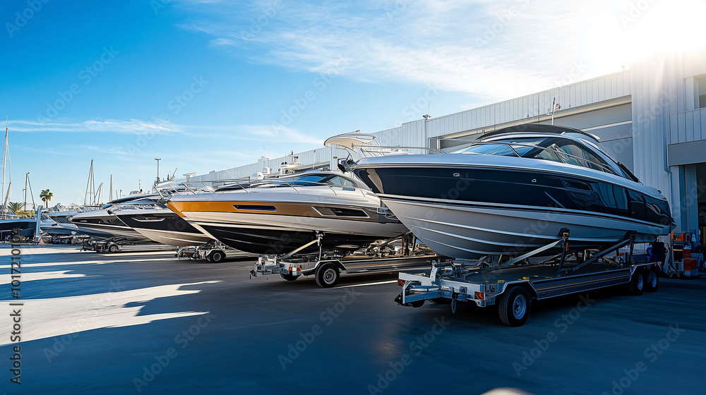 A row of boats are parked in a lot A row of boats are parked in a lot