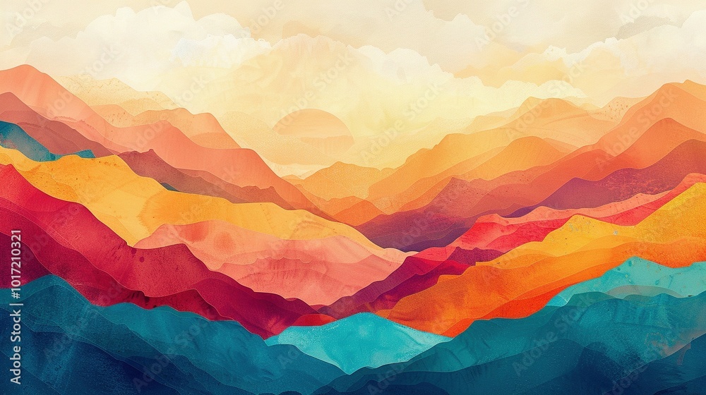 Abstract Watercolor Mountain Landscape with a Sunset Sky Abstract Watercolor Mountain Landscape with a Sunset Sky