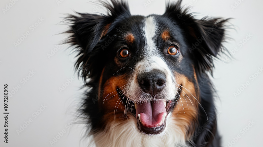 Dog with a black and white face and brown and white fur is smiling Dog with a black and white face and brown and white fur is smiling