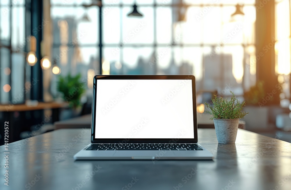 A blank white screen of an open laptop on a wooden table in a modern ...