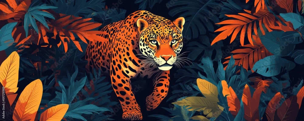 Fototapeta premium Majestic jaguar prowling through lush jungle foliage in vibrant illustration showcasing nature's beauty and wildlife