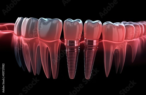 Realistic illustration of dental implants in a human jaw with detailed view of teeth structure and metal implants