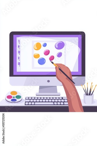 Digital art creation in an art studio with a computer, tablet, and vibrant purple hues illustrating creative expression