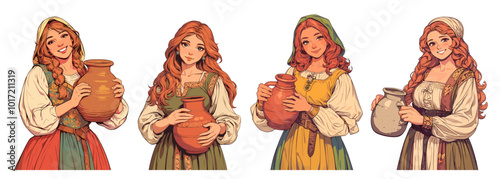 Farm girl. Cartoon woman holding clay jug with milk dairy product, natural food female mascot set vector illustration