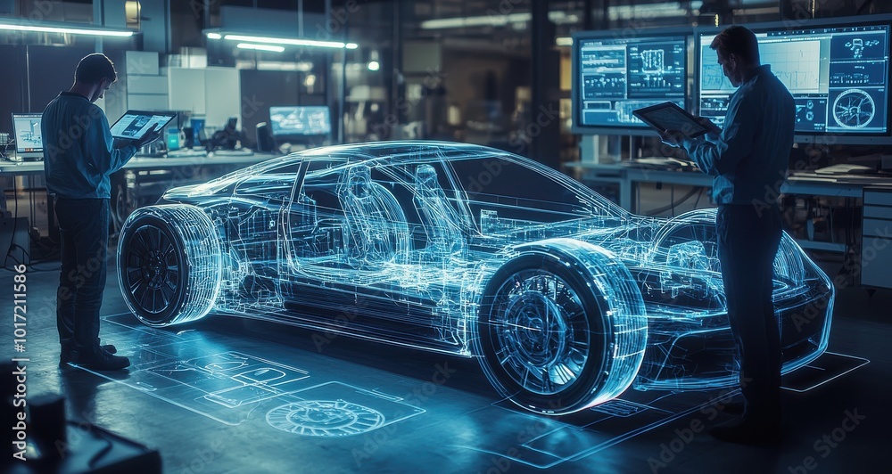 Holographic visualization of an electric car design with a professional engineer using a laptop in a modern high-tech environment Holographic visualization of an electric car design with a professional engineer using a laptop in a modern high-tech environment