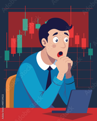 A man biting his nails as he watches the fluctuating numbers on the stock market ticker.. Vector illustration