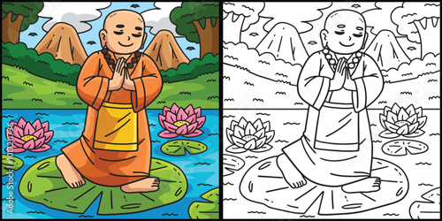 Buddhism Buddha on Lily Pad Colored Illustration