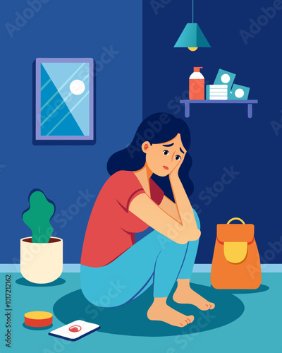 A mother hiding in a corner of her bedroom crying as she tries to figure out how to stretch her paycheck to cover rent and groceries.. Vector illustration