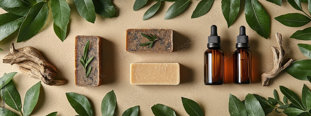 Natural and organic soap bars surrounded by essential oil bottles and green leaves in an eco-friendly setting Natural and organic soap bars surrounded by essential oil bottles and green leaves in an eco-friendly setting