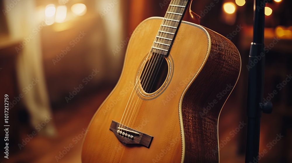 Fototapeta premium A stunning acoustic guitar with a stand that displays its sophisticated design and flawless finish, ideal for musicians of all skill levels who want to produce catchy music.