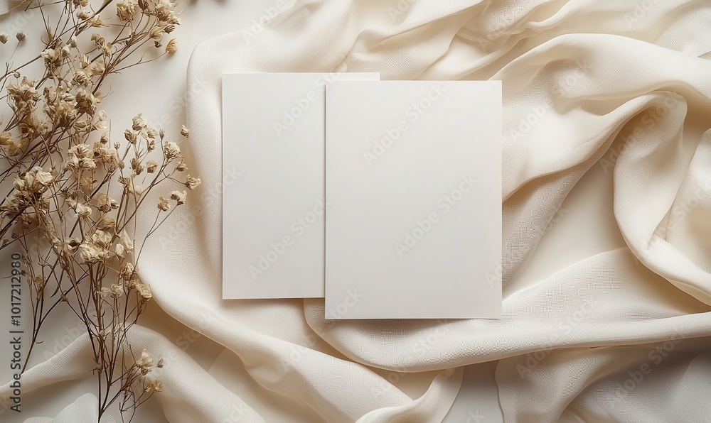 Blank white card mockup featuring two cards on textured fabric with dried flowers for design and branding presentation Blank white card mockup featuring two cards on textured fabric with dried flowers for design and branding presentation