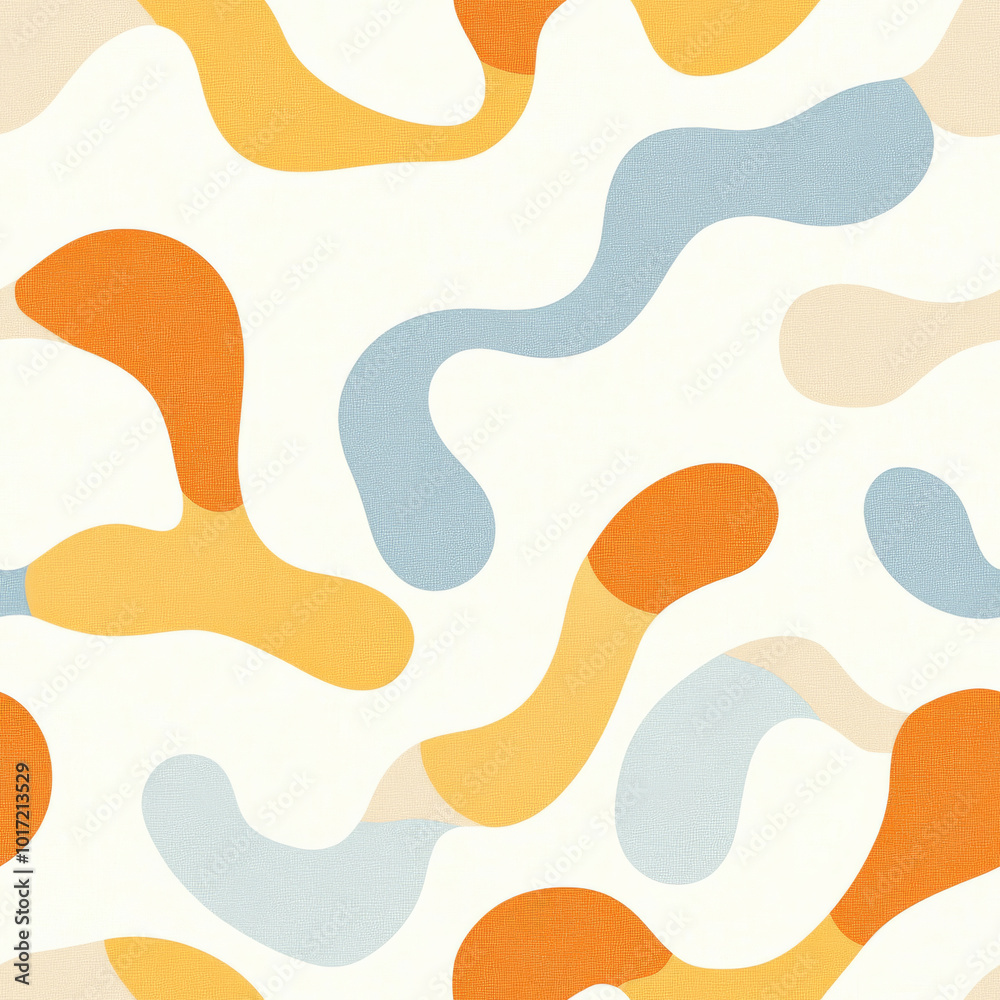 Seamless pattern of abstract flowing shapes in blue, orange, and yellow tones. Seamless pattern of abstract flowing shapes in blue, orange, and yellow tones.