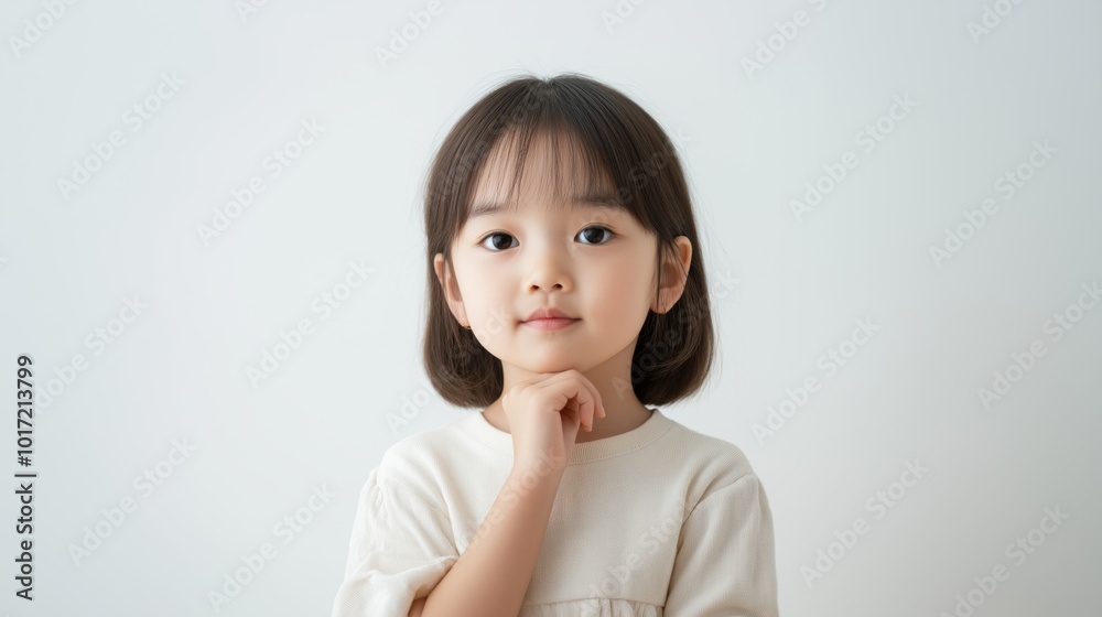 Young child posing thoughtfully with a gentle smile in a neutral, softly lit indoor environment during daytime. Young child posing thoughtfully with a gentle smile in a neutral, softly lit indoor environment during daytime.
