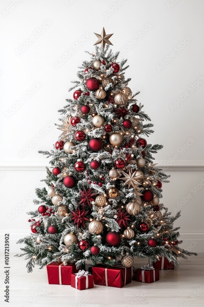 Snow-covered Christmas tree on a white background, decorated with elegant red and gold ornaments, with twinkling fairy lights and a shining star Snow-covered Christmas tree on a white background, decorated with elegant red and gold ornaments, with twinkling fairy lights and a shining star