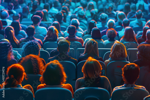 Wallpaper Mural A man in a blue shirt sits in an orange chair in a crowded theater, generative ai image., Torontodigital.ca