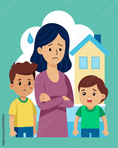 A mother tearfully explains to her children that they wont be able to stay in their home anymore as it is being foreclosed on.. Vector illustration
