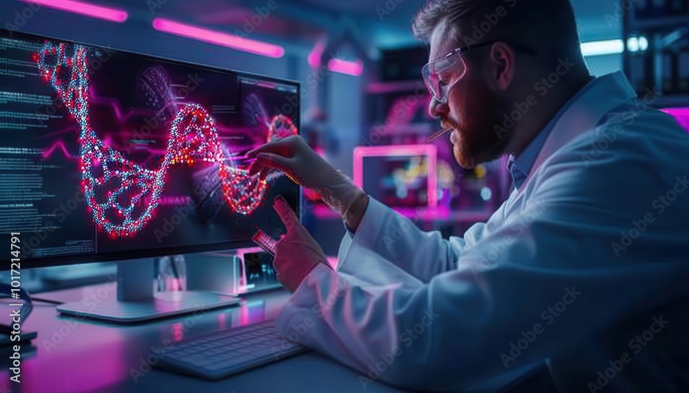 A scientist in a white coat analyzing a holographic DNA strand, futuristic lab, neon lights, high-tech, AI, detailed