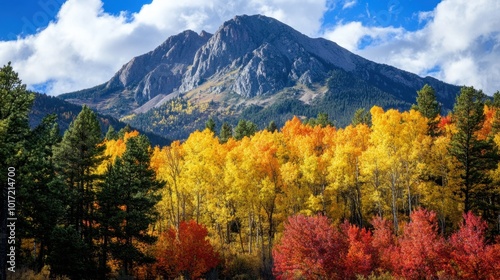 Vibrant Autumn Foliage with Majestic Mountain View