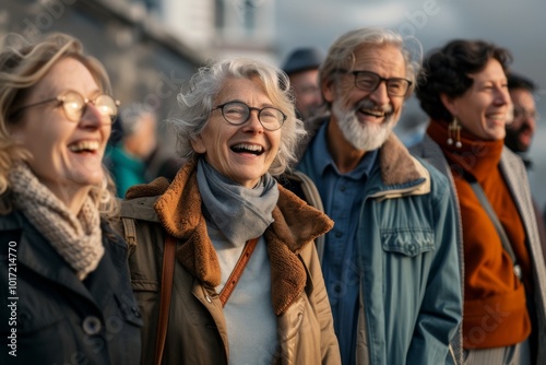 Group of happy senior people walking in the city. Cheerful senior friends having fun together.