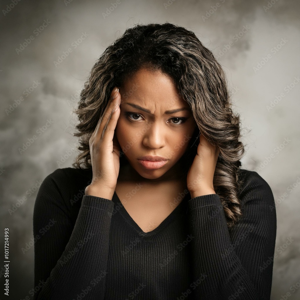 African American woman puts her hands on her head in pain and depression African American woman puts her hands on her head in pain and depression
