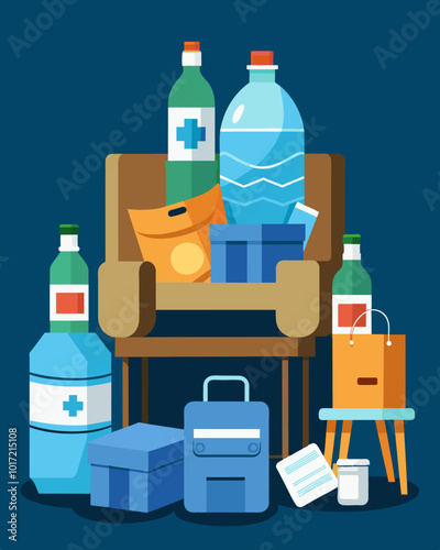A living room cluttered with cases of bottled water hand sanitizer and face masks piled high on tables and chairs.. Vector illustration