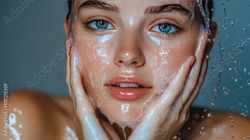 Woman washing face with foam. Perfect for beauty & skincare ads.