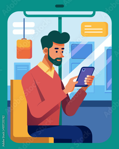 A man checks his budget spreadsheet on his phone while riding the subway grateful for the reduced transportation expenses provided by public transit.. Vector illustration