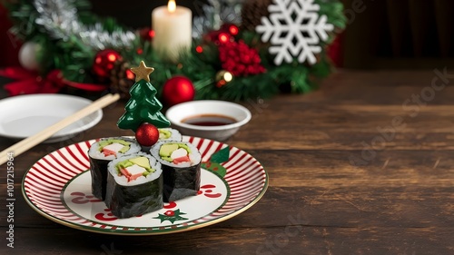 Christmas-themed sushi roll with nori and avocado on festive plate