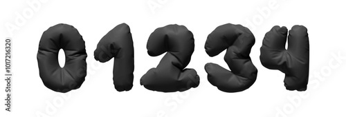 Collection of Inflated balloons numbers from 0 to 4 isolated on a white background. Realistic 3d design. Set of numbers made of rumpled latex material black color. Vector illustration
