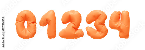 Collection of Inflated balloons numbers from 0 to 4 isolated on a white background. Realistic 3d design. Set of numbers made of rumpled latex material Orange soft color. Vector illustration