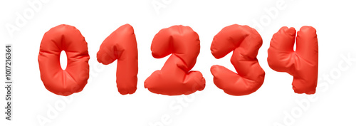 Collection of Inflated balloons numbers from 0 to 4 isolated on a white background. Realistic 3d design. Set of numbers made of rumpled latex material red soft colors. Vector illustration