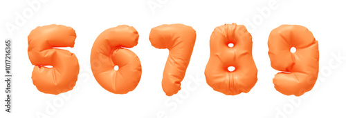 Collection of Inflated balloons numbers from 5 to 9 isolated on a white background. Realistic 3d design. Set of numbers made of rumpled latex material Orange soft color. Vector illustration