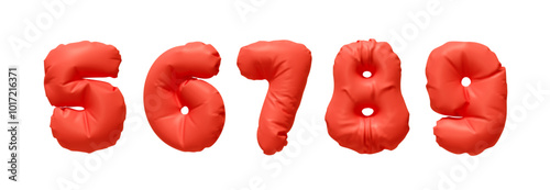 Collection of Inflated balloons numbers from 5 to 9 isolated on a white background. Realistic 3d design. Set of numbers made of rumpled latex material red soft colors. Vector illustration