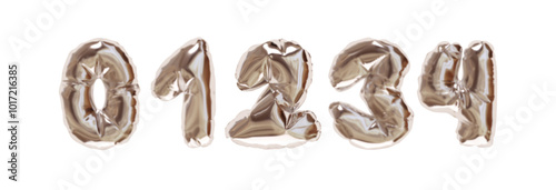 Collection of Inflated balloons numbers from 0 to 4 isolated on a white background. Realistic 3d design. Set of numbers made of rumpled latex material silver gradient color. Vector illustration