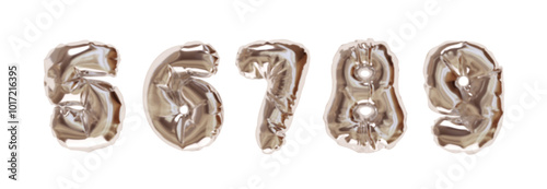 Collection of Inflated balloons numbers from 5 to 9 isolated on a white background. Realistic 3d design. Set of numbers made of rumpled latex material silver gradient color. Vector illustration photo