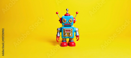 illustrative depiction of a small freestanding colorful toy robot against a colorful background, robots doing the work of humans