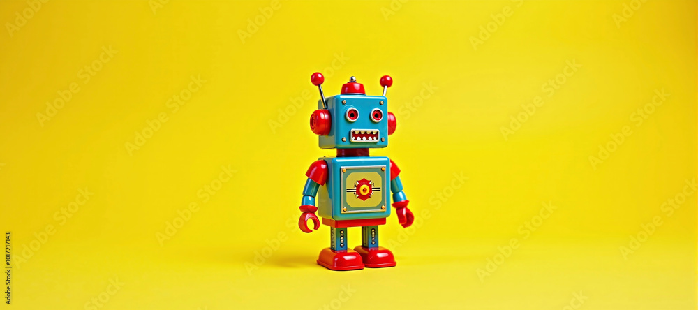 Obraz premium illustrative depiction of a small freestanding colorful toy robot against a colorful background, robots doing the work of humans