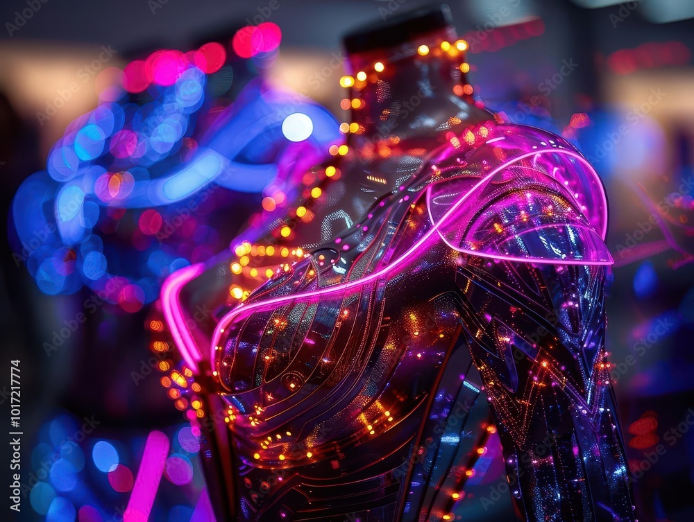 Holographic fashion show with models displaying virtual outfits, futuristic, neon lights, detailed, high-tech fashion Holographic fashion show with models displaying virtual outfits, futuristic, neon lights, detailed, high-tech fashion