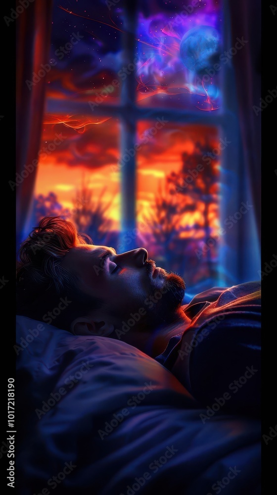 Fototapeta premium Person sleeping in a cozy bedroom, overall health, digital painting, warm colors, relaxing, restful