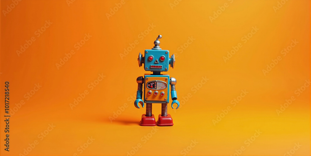 Fototapeta premium illustrative depiction of a small freestanding colorful toy robot against a colorful background, robots doing the work of humans