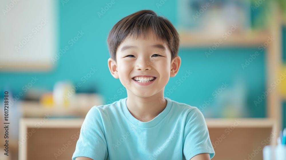A cheerful young boy smiles brightly while sitting in a classroom filled with colorful decor and cheerful ambiance during daytime. A cheerful young boy smiles brightly while sitting in a classroom filled with colorful decor and cheerful ambiance during daytime.
