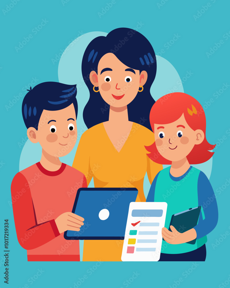 A mother and her teenage children go over a budgeting spreadsheet on a tablet discussing ways to balance their expenses and savings.. Vector illustration A mother and her teenage children go over a budgeting spreadsheet on a tablet discussing ways to balance their expenses and savings.. Vector illustration